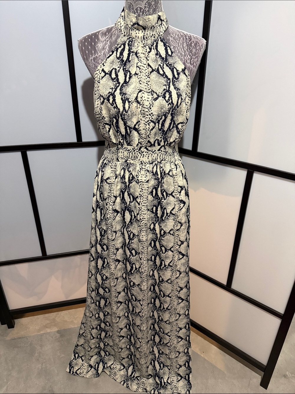 Ark & Co Black and Cream Halter Snake-Print Maxi Dress